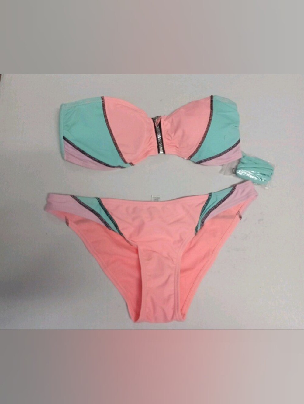 Women’s Colorblock Bandeau Bikini Set in Coral Pink and Mint